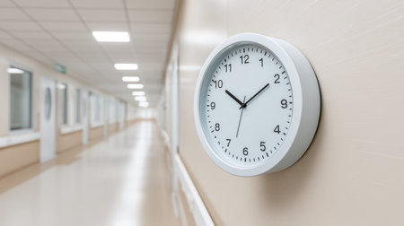 A wall-mounted clock in a brightly lit hospital corridor reflects a clean, modern design, enhancing the peaceful atmosphere of the healthcare environment.の素材