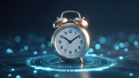 A stunning digital clock set against a glowing grid interface, showcasing the fusion of modern design and timekeeping technology in a striking visual presentation.の素材