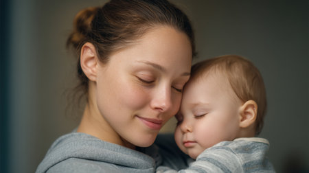 A serene moment captures a loving mom embraced with her sleepy baby, showcasing the beauty of motherhood, tenderness, and the deep bond shared in a quiet atmosphere.の素材