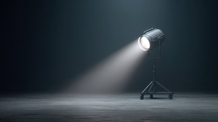A powerful spotlight shining from the right casts dramatic light and shadows in a dark space, ideal for creative photography, cinematic backgrounds, or theatrical setups.の素材