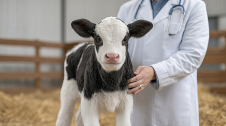 A veterinarian gently examines a calf in a serene barn setting, showcasing the caring relationship between animals and human caretakers in livestock management.の素材
