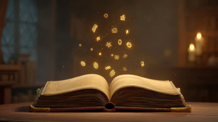 An enchanting open book radiating light with glowing symbols hovering above, set in a cozy library atmosphere that inspires imagination and wonder.の素材