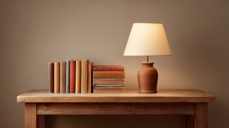 A serene library table featuring a warm lamp and neatly arranged books. This setup creates a cozy atmosphere for reading and relaxation in any interior space.の素材
