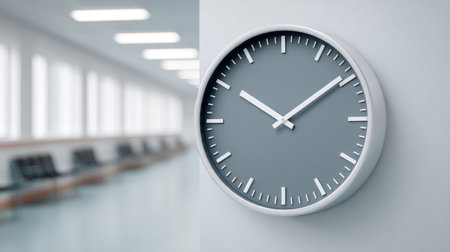 A sleek clock positioned in a hospital corridor, showcasing a modern design that emphasizes the passage of time in a serene and sterile healthcare environment.の素材