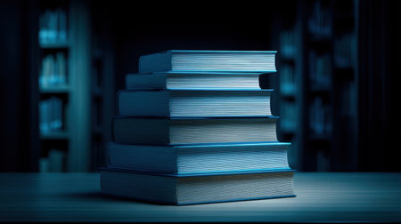 A captivating image of stacked books bathed in soft blue light, creating a serene atmosphere perfect for reading and study in a tranquil library setting.の素材
