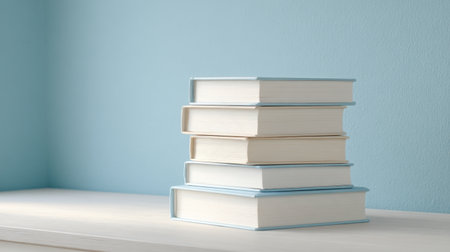 A serene arrangement of stacked books with soft blue covers set against a light blue wall. This image creates a peaceful reading environment ideal for relaxation and inspiration.の素材