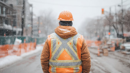 A diligent construction worker in a neon safety vest observes a snowy job site. Snowflakes fall gently, creating a serene atmosphere amidst winter work conditions.の素材