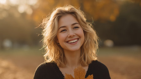 A radiant woman smiles joyfully while holding an autumn leaf, surrounded by stunning golden trees. This image captures the essence of fall, blending happiness and natural beauty.の素材