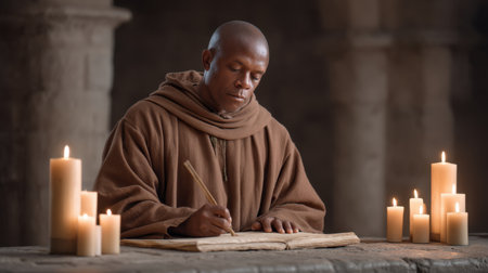 A focused monk in a robe engages in writing a manuscript beside flickering candles in an ancient scriptorium, evoking a sense of peace and dedication to his craft.の素材