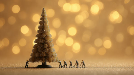 A whimsical scene featuring tiny worker figures decorating a miniature Christmas tree against a warm golden bokeh background, embodying festive spirit and teamwork.の素材