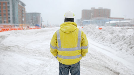 A construction worker wearing bright safety apparel stands in a snow-covered area, overseeing the site during harsh winter conditions, ensuring safety and visibility.の素材