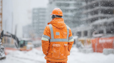A diligent construction worker in bright neon orange safety gear stands in the snow, observing a busy construction site, showcasing resilience in challenging winter conditions.の素材