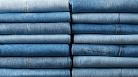 A clean and orderly arrangement of neatly folded blue jeans, organized by size, perfect for use in fashion retail, styling, or textile presentations.の素材