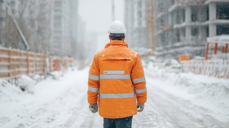 A construction worker stands in a snowy urban area, wearing a bright safety jacket and helmet, overseeing work amid falling snowflakes and a chill in the air.の素材