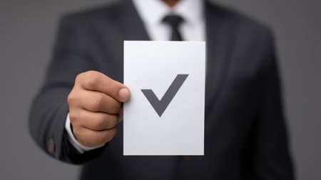 A confident man in a suit displays a certificate with a prominent checkmark, symbolizing achievement and professionalism in a corporate context.の素材