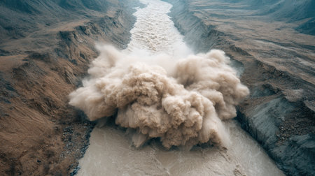 A breathtaking view of a river overflowing into a valley, showcasing sweeping clouds of debris against a majestic mountain backdrop. Capture raw nature's power.の素材