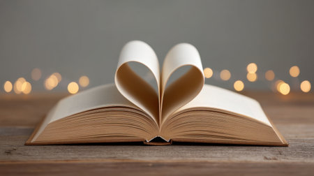A beautifully opened book placed on a rustic wooden table, featuring heart-shaped pages. The scene is enhanced by soft glowing decorative lights, creating a warm and inviting atmosphere.の素材