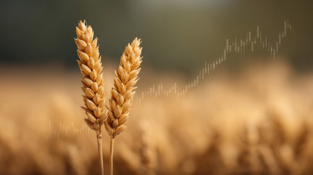 This captivating close-up image features wheat stalks alongside a stock graph overlay, representing agricultural market trends and growth potential in golden fields.の素材