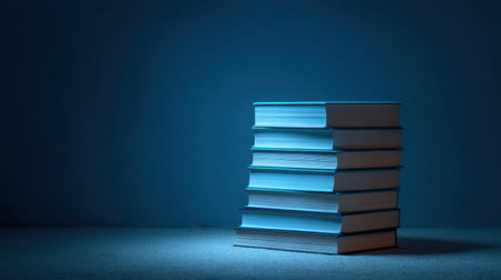 A serene image of stacked books gently glowing in soft blue light, creating a calm atmosphere perfect for reading, reflection, or artistic inspiration.の素材