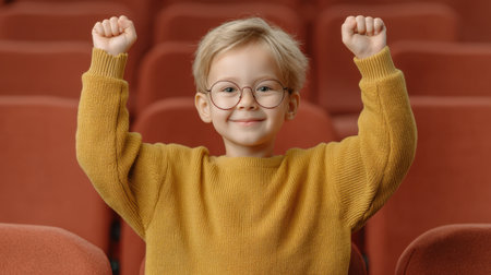 A cheerful child wearing glasses celebrates joyfully in an empty movie theatre, radiating happiness and excitement, enjoying a delightful moment in a cozy sweater.の素材