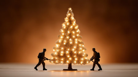 A warm scene featuring a silhouette of toy soldiers decorating a Christmas tree with lights, capturing the essence of holiday celebration and joy at home.の素材