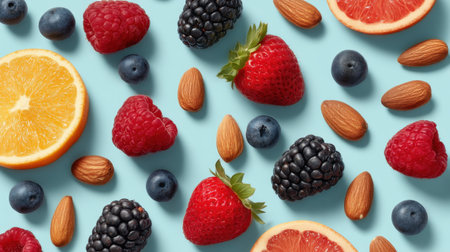 Explore a vibrant arrangement of fresh citrus fruits, juicy berries, and crunchy nuts against a bright backdrop, perfect for promoting healthy eating and wellness.の素材