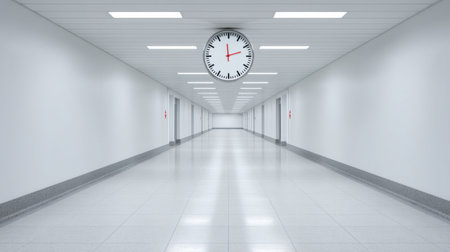 A spacious and bright hospital hallway featuring a large clock, emphasizing the importance of time in healthcare settings. The clean design creates a professional atmosphere.の素材