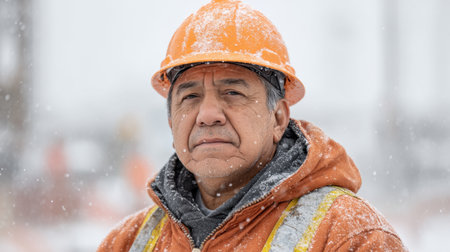 A dedicated worker in a winter jacket and hard hat supervises construction activities amid a snowstorm, showcasing resilience and commitment to safety on the job.の素材