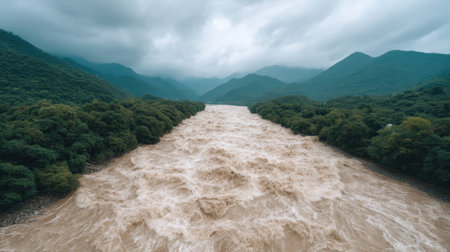A panoramic view of a swollen river rapidly flowing through a lush mountain valley, showcasing dramatic clouds overhead and vibrant greenery along the banks.の素材