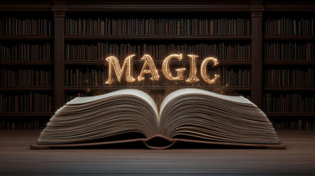 An enchanting open book emits glowing letters in a dark wooden library, creating a magical atmosphere perfect for storytelling, imagination, and exploration.の素材