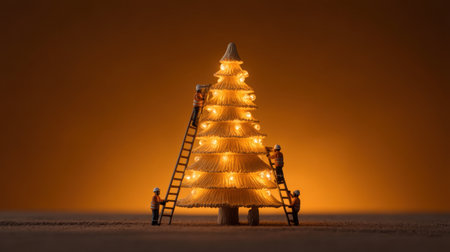 A whimsical scene featuring a creative crew at work, delicately decorating a Christmas tree with warm lights, creating a cozy and festive atmosphere.の素材