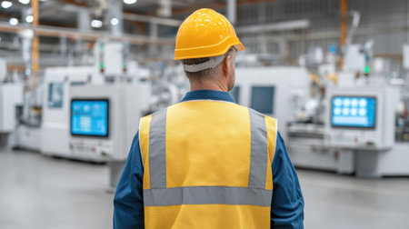 A focused industrial worker wearing a safety vest and hard hat monitors machinery in a modern factory setting, ensuring efficient operations and safety protocols.の素材