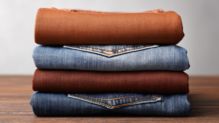 A visually appealing stack of folded jeans in various colors showcasing detailed stitching and texture, perfect for fashion and textile themes in photography.の素材