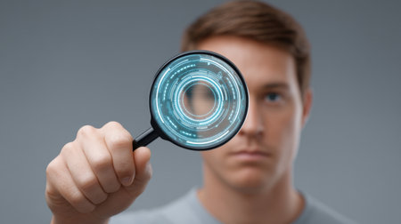 A young man holds a magnifying glass over a digital resume, symbolizing a focused approach to exploring future career opportunities and effective application strategies.の素材