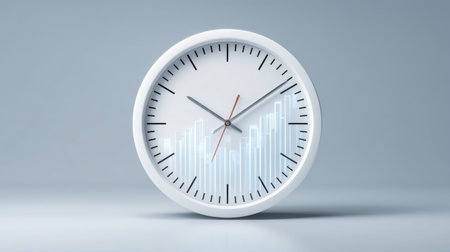This image showcases an abstract business concept featuring a clock with an overlay of graph data. It symbolizes time management and performance metrics in a minimalist design.の素材