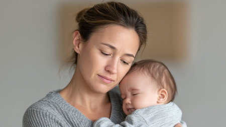 A touching scene of a mother holding her newborn, embodying love and affection. This emotional moment captures the bond between them in a serene home setting.の素材