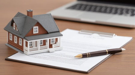 A detailed view of a model house sitting on a desk beside important documents and a laptop, showcasing an effective workspace for real estate planning and management.の素材