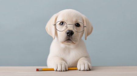 This captivating image features an adorable puppy wearing stylish eyewear, sitting at a desk with a pencil, radiating curiosity and playful charm in a cozy indoor space.の素材