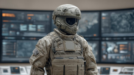 A futuristic soldier in advanced armor stands in a high-tech command center, analyzing digital maps displayed on multiple screens, showcasing cutting-edge military technology.の素材