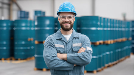 A smiling warehouse worker in a blue hard hat stands confidently in front of stacked storage drums. This image captures pride and professionalism in the industrial sector.の素材