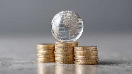 A reflective globe placed on top of neatly stacked coins, depicting the concepts of finance, investment, and global trade against a smooth, modern surface.の素材