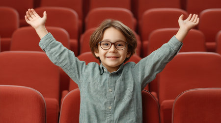 A cheerful child wearing glasses celebrates alone in a cinema, arms raised in excitement, surrounded by empty red seats, capturing a joyful moment of movie enjoyment.の素材