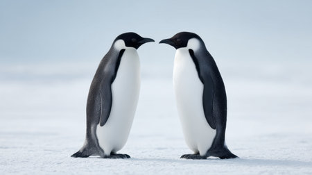 Capture a serene moment of two penguins facing each other, creating a heart-shaped silhouette on a snowy landscape, symbolizing companionship and beauty in nature.の素材