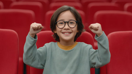 A joyful kid wearing glasses celebrates alone in a cinema, surrounded by vibrant red seats. Their bright smile and cheerful fist pump express pure happiness and excitement.の素材