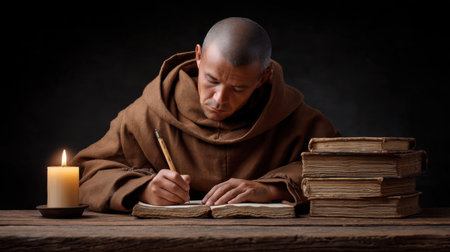 A contemplative monk immerses himself in writing by candlelight, surrounded by ancient books on a rustic wooden desk, capturing a serene moment of dedication and inspiration.の素材