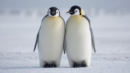 Two charming emperor penguins pose closely together in a beautiful snowy landscape, showcasing their adorable features in a serene winter setting.の素材