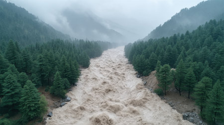 This stunning aerial view captures a turbulent river surging through a mountainous area, highlighting the aftermath of heavy rainfall with uprooted trees along the banks.の素材
