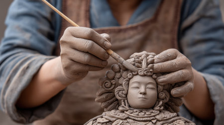 An artisan expertly shapes a detailed clay figure using their hands and tools, showcasing intricate features and artistic expression in a soft light setting.の素材