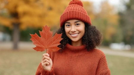 A smiling woman holds a large red leaf up to the camera, showcasing the beauty of autumn. Surrounded by vibrant trees, she captures the essence of seasonal joy and warmth.の素材