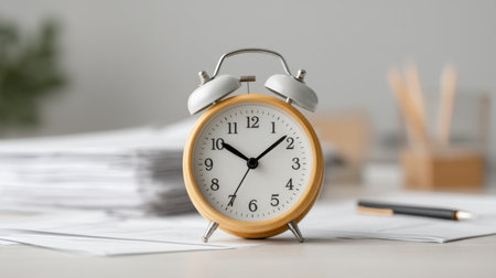 A classic alarm clock placed on an office desk, surrounded by papers and a pen. This image inspires organization and time management in a modern workspace setting.の素材